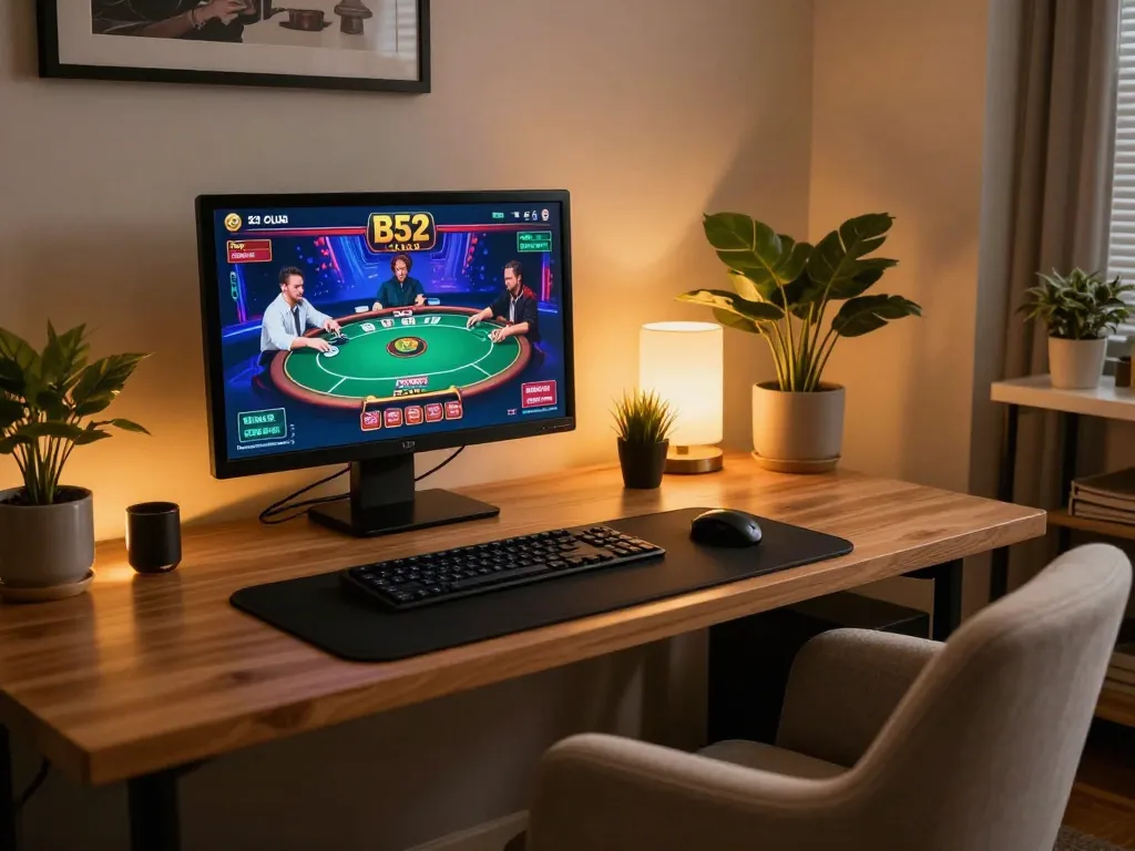 B52 CLUB online poker gameplay on a computer in a cozy home office, highlighting strategic betting moments.