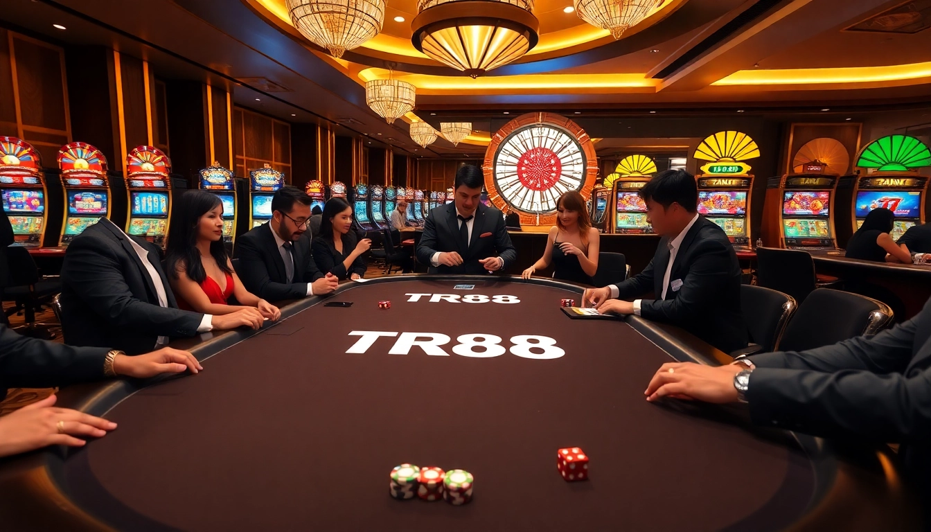 Players enjoying a game at TR88’s luxurious poker table in a vibrant casino atmosphere.