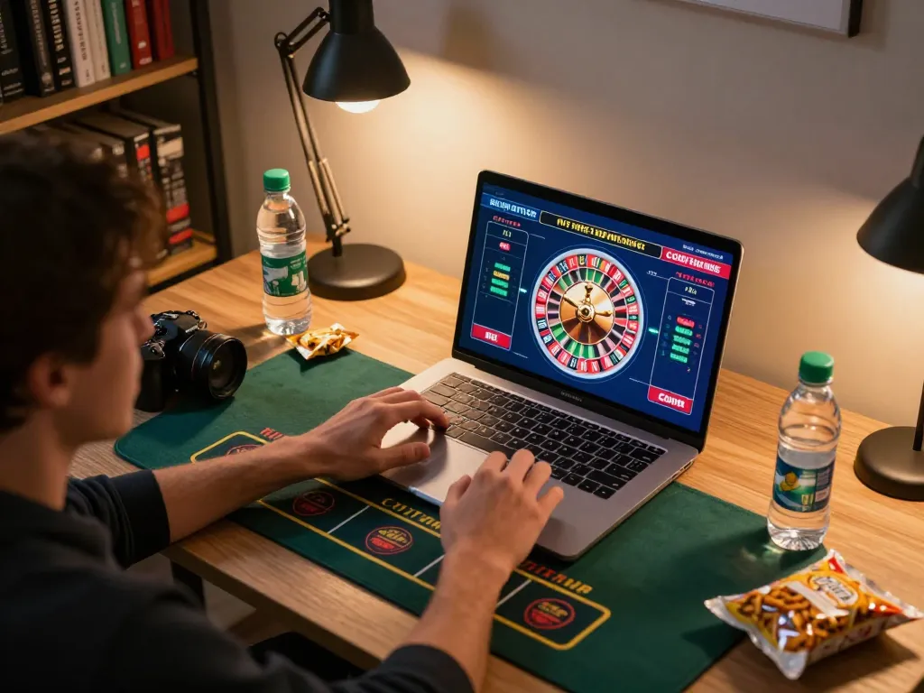 KDTOTO player enjoying an online roulette game at home, showcasing strategic gameplay and modern workspace.