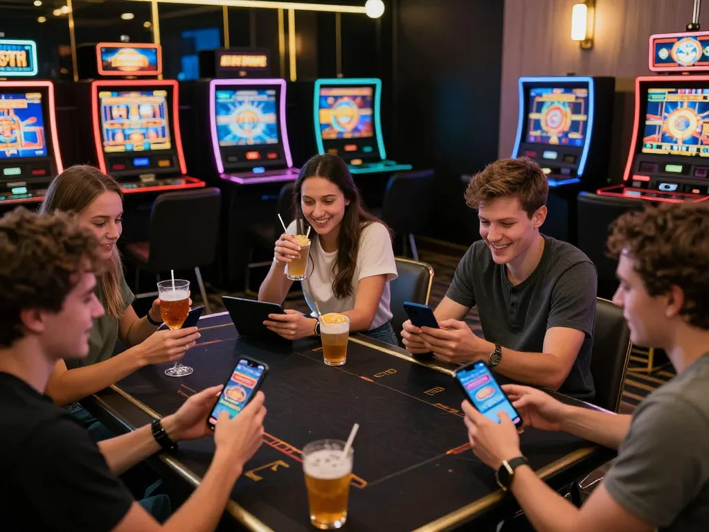 Exciting players at God55 online casino enjoying diverse gaming experiences in a vibrant lounge.