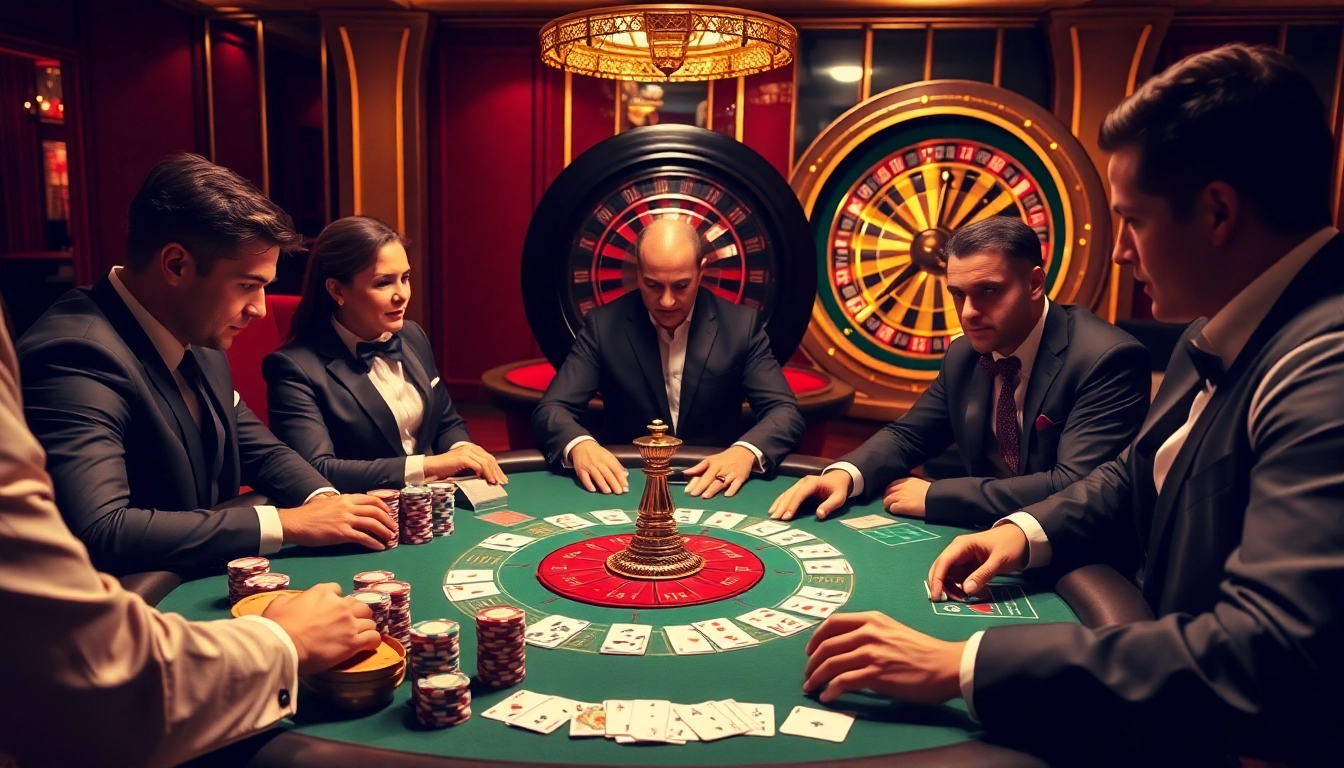 Players strategizing at the HB88 poker table amidst a vibrant casino atmosphere.