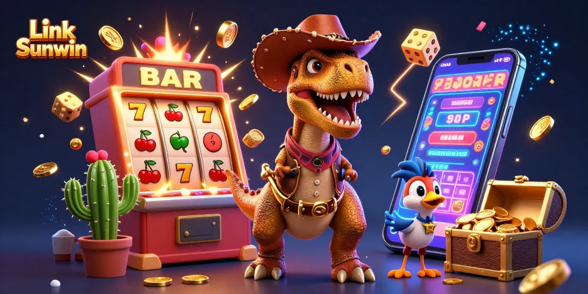 Experience emotional thrills with Link Sunwin as the cartoon cowboy T-Rex and friends celebrate wins in a vibrant online casino.