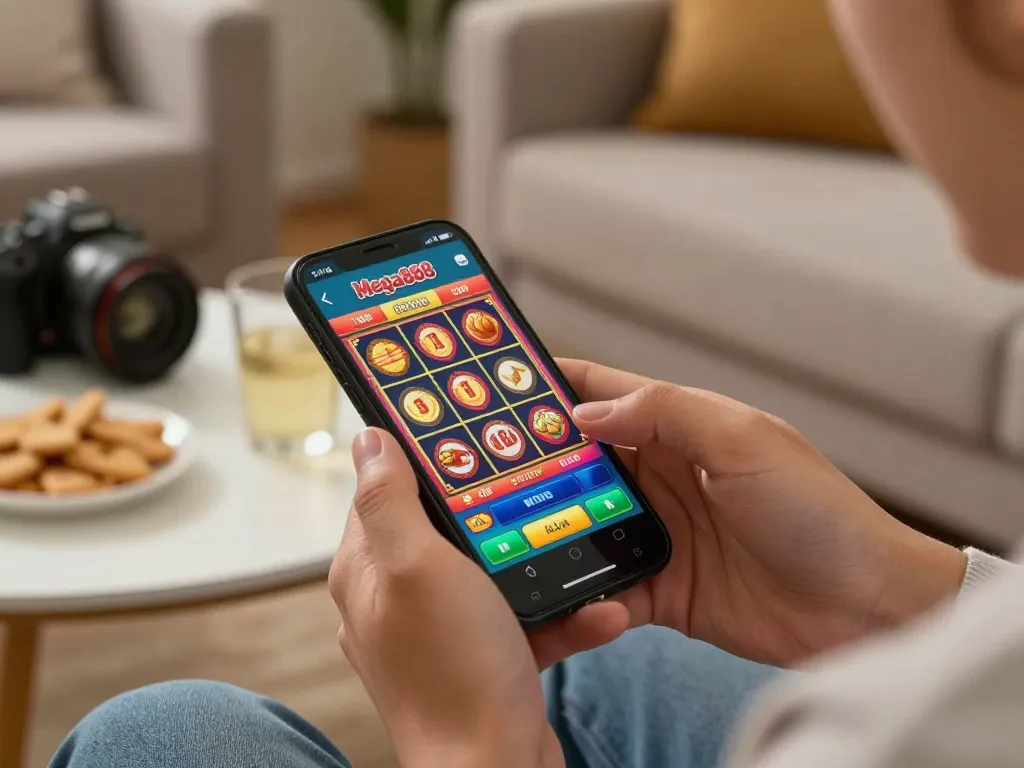 Mega888 Download app showcased on smartphone with player placing slots bets in cozy home.