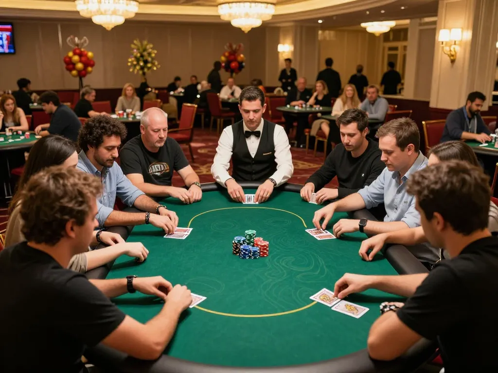 RIK VIP poker tournament scene with players intensely focused and colorful chips stacked around.