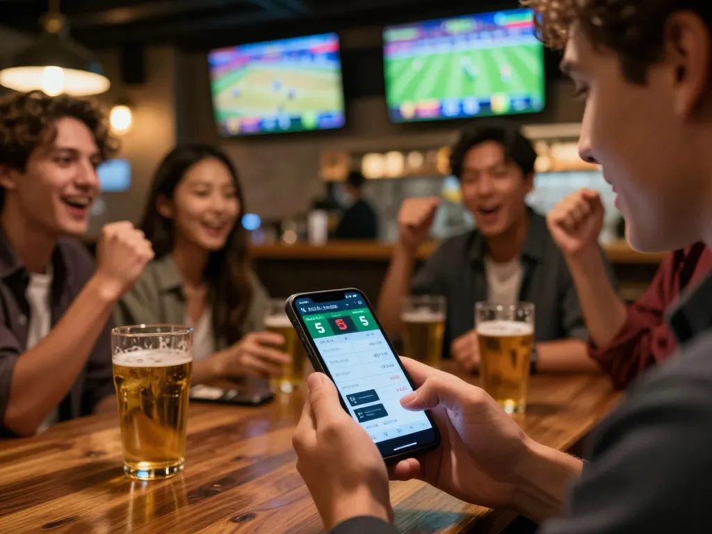 Kèo nhà cái 5 displayed on smartphone as friends enthusiastically discuss sports betting odds at bar