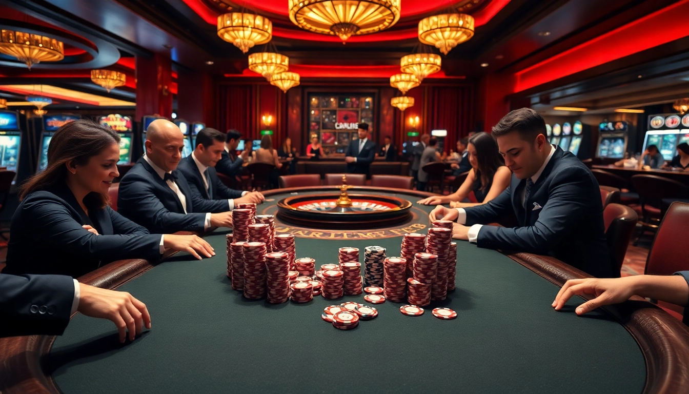 Experience the excitement at win88 with a luxurious casino scene showcasing poker and roulette.
