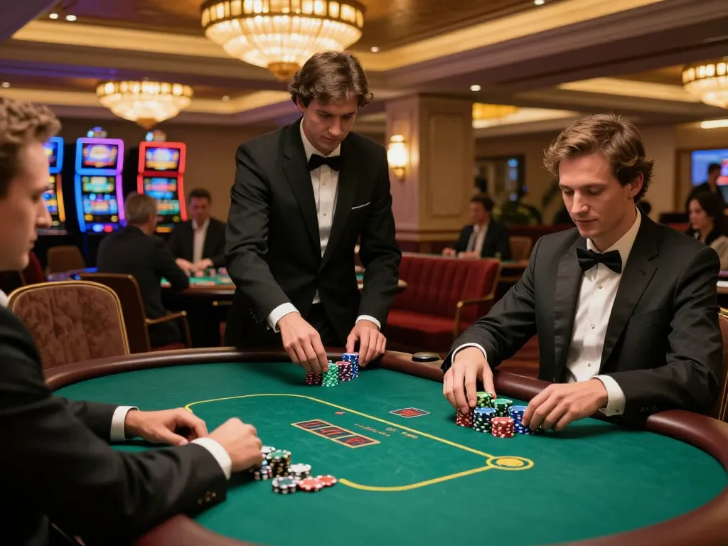 A high-stakes poker game at an upscale casino featuring players confidently placing bets with a focus on KJC.