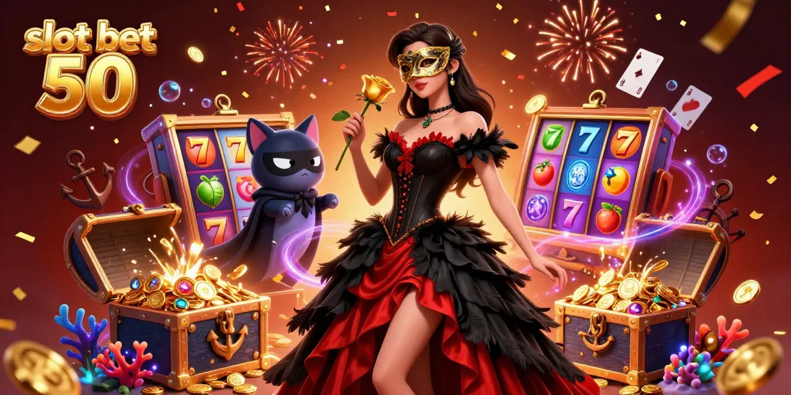 Experience the thrill of slot bet 50 with a captivating scene featuring a woman in a stunning gown surrounded by vibrant slot reels and gold coins.