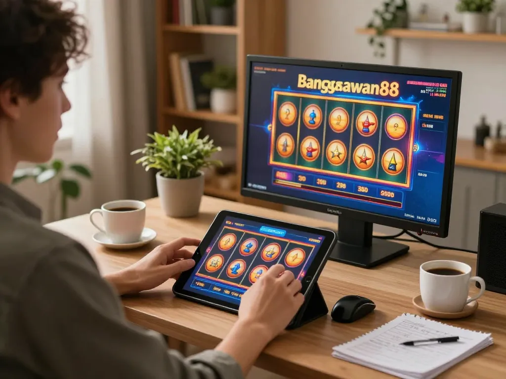 Bangsawan88 slot gameplay on a tablet in a cozy home setup with strategic notes nearby
