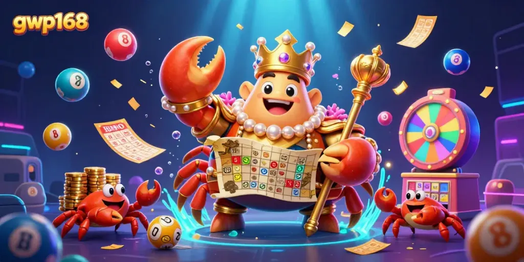GWP168 mengunjungi ilustrasi 3D kasino dengan kepiting emas raja dan elemen permainan, melihat peluang menang.