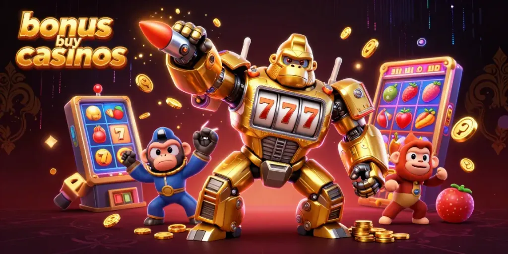 Engage with exciting bonus buy casinos featuring a golden mech gorilla and classic slot symbols, bursting with coins.
