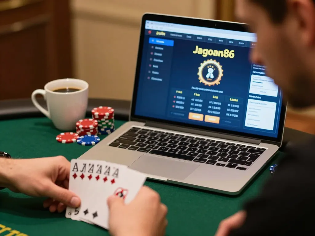 Engage with jagoan86 online poker gameplay, analyzing cards in cozy home setup.
