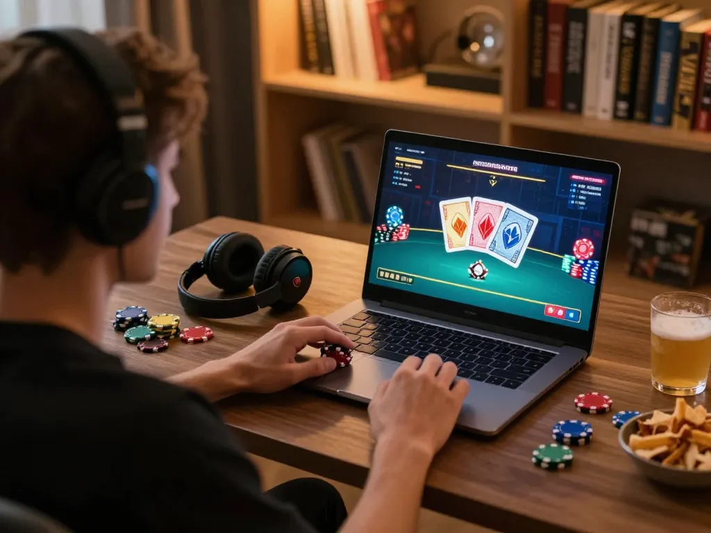 Gambling enthusiast plays megaplus88 online poker at home, showcasing digital chips and a cozy setup.