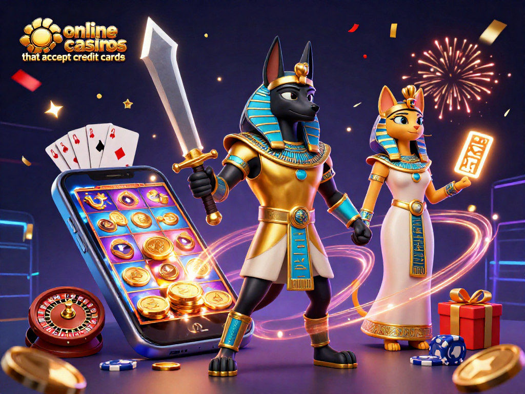 Play exciting games at online casinos that accept credit cards, showcasing vibrant slot games and energetic characters.