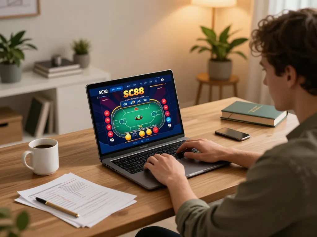 Engaged player exploring SC88 casino app on laptop, highlighting online gaming strategy and comfort.
