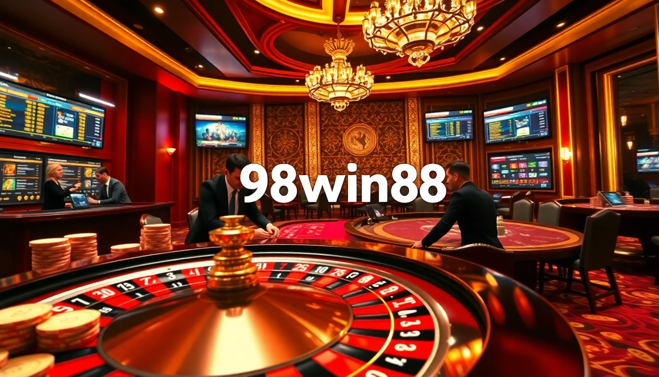 Experience the thrill of 98win58 at a vibrant casino with roulette and gaming tables.