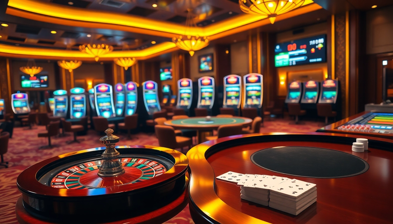Exciting casino scene showcasing keonhacai5 live betting with roulette, poker cards, and vibrant slot machines.