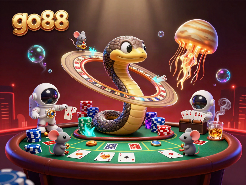 Engage with go88's thrilling gaming experiences as cartoon mice bet on a cosmic roulette wheel.