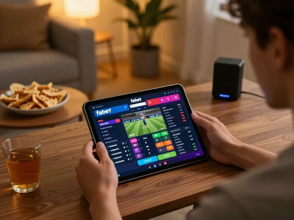 Engaging in sports betting on fabet with live odds displayed on tablet screen in a cozy home setting