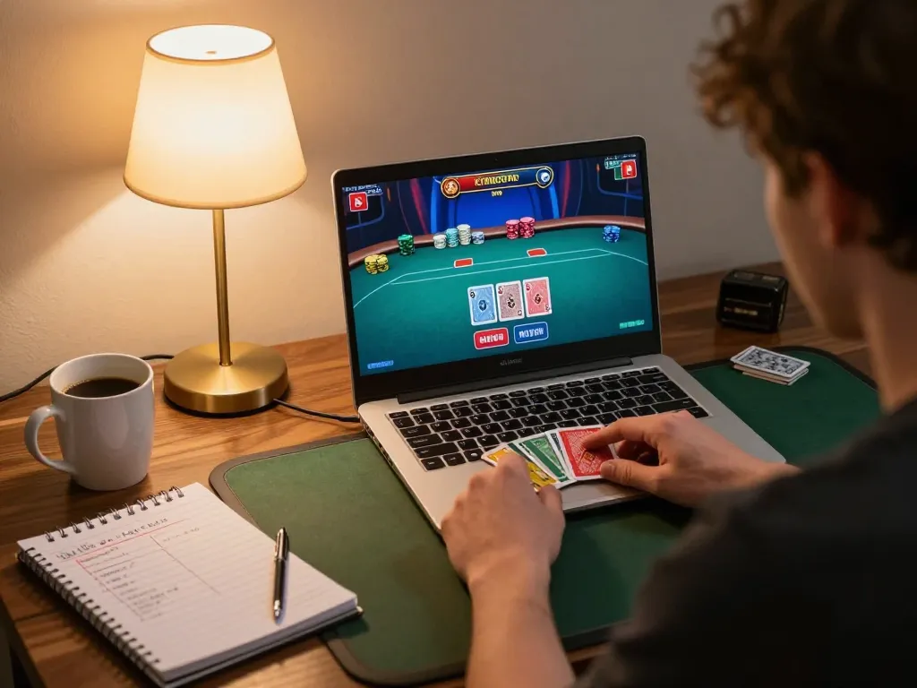 Engaging poker action on 98win com, showcasing a player analyzing cards in a cozy home.