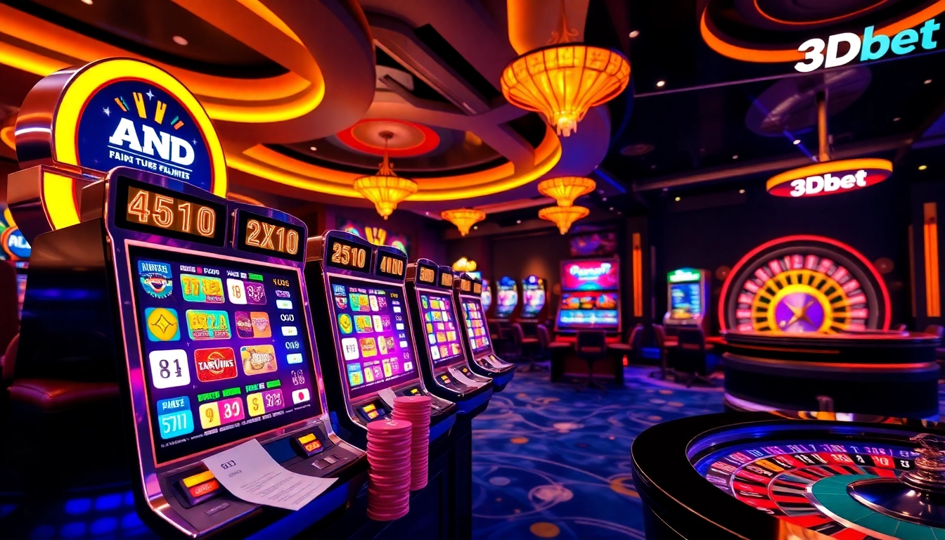 Players engaging in a thrilling game at 3Dbet casino, showcasing vibrant slot machines and poker chips.