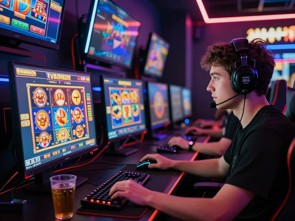 Pemain yang terlibat menikmati permainan situs slot di ruang permainan yang imersif dengan grafik yang hidup dan pencahayaan atmosfer.