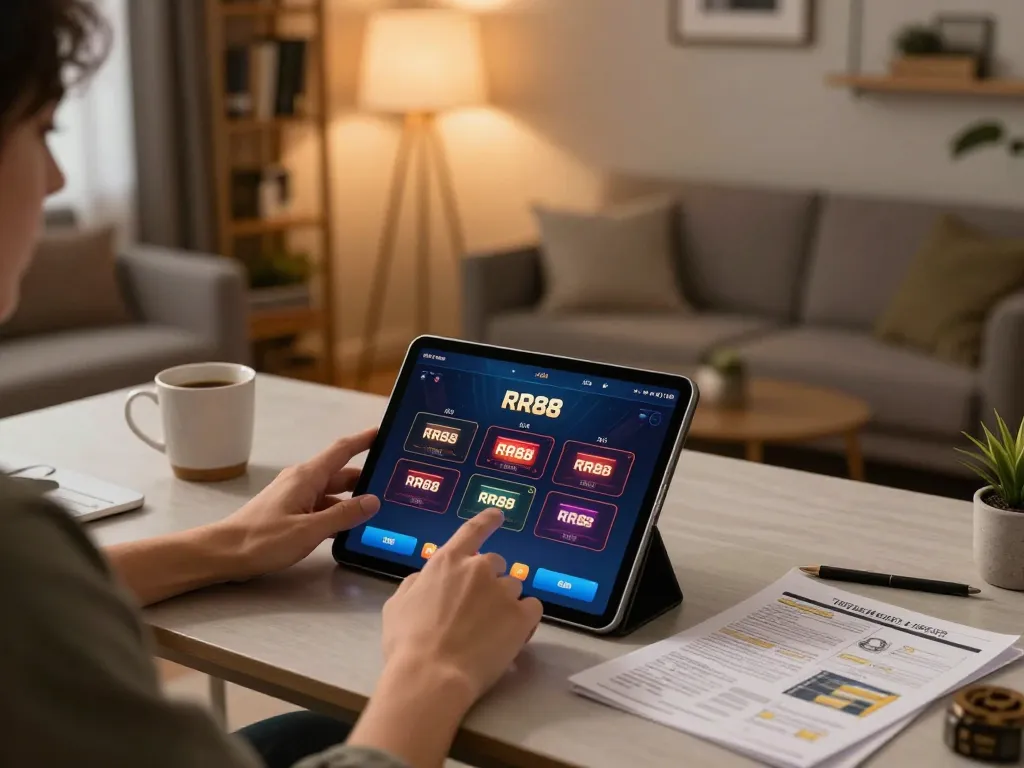 Engaging with the RR88 casino app on a tablet in a stylish home setup.