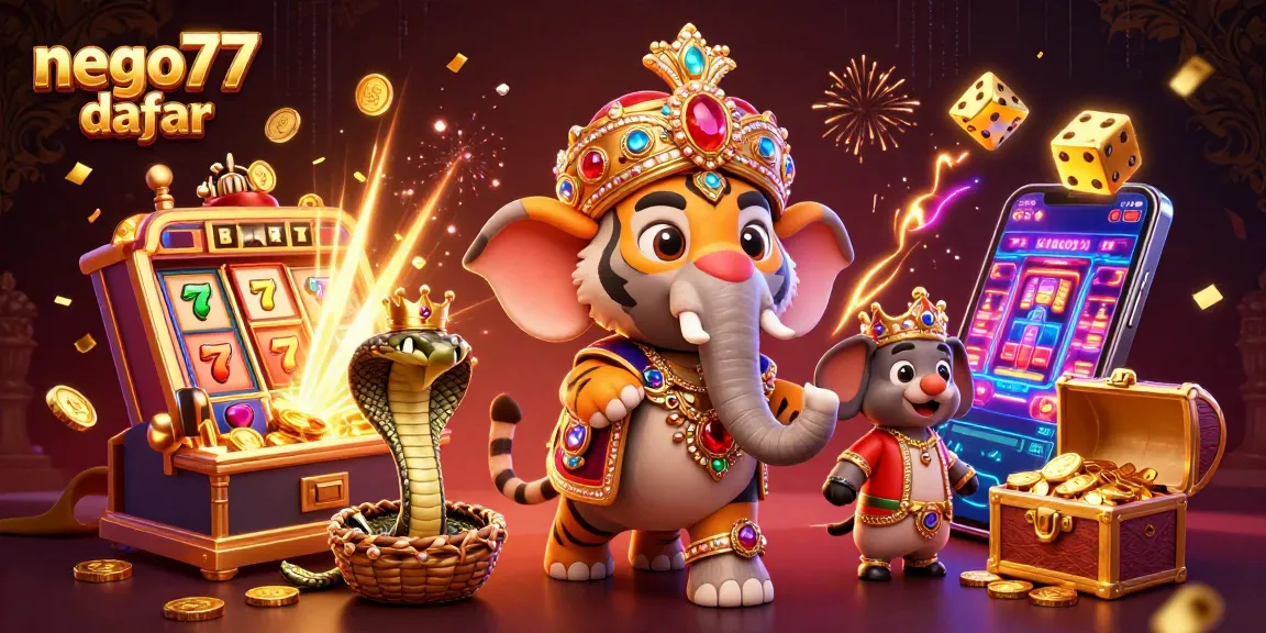 Experience the thrill of playing on nego77 daftar with a vivid 3D casino-themed illustration.