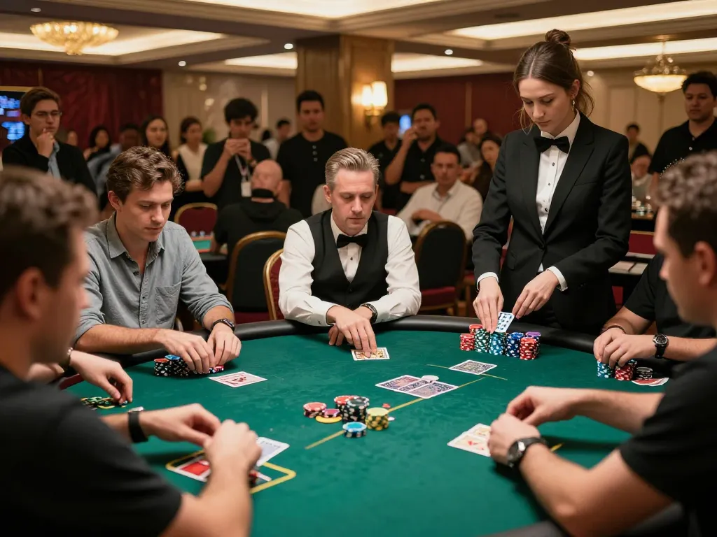 Players intensely engaged in a high-stakes poker game at F8BET's luxurious casino.