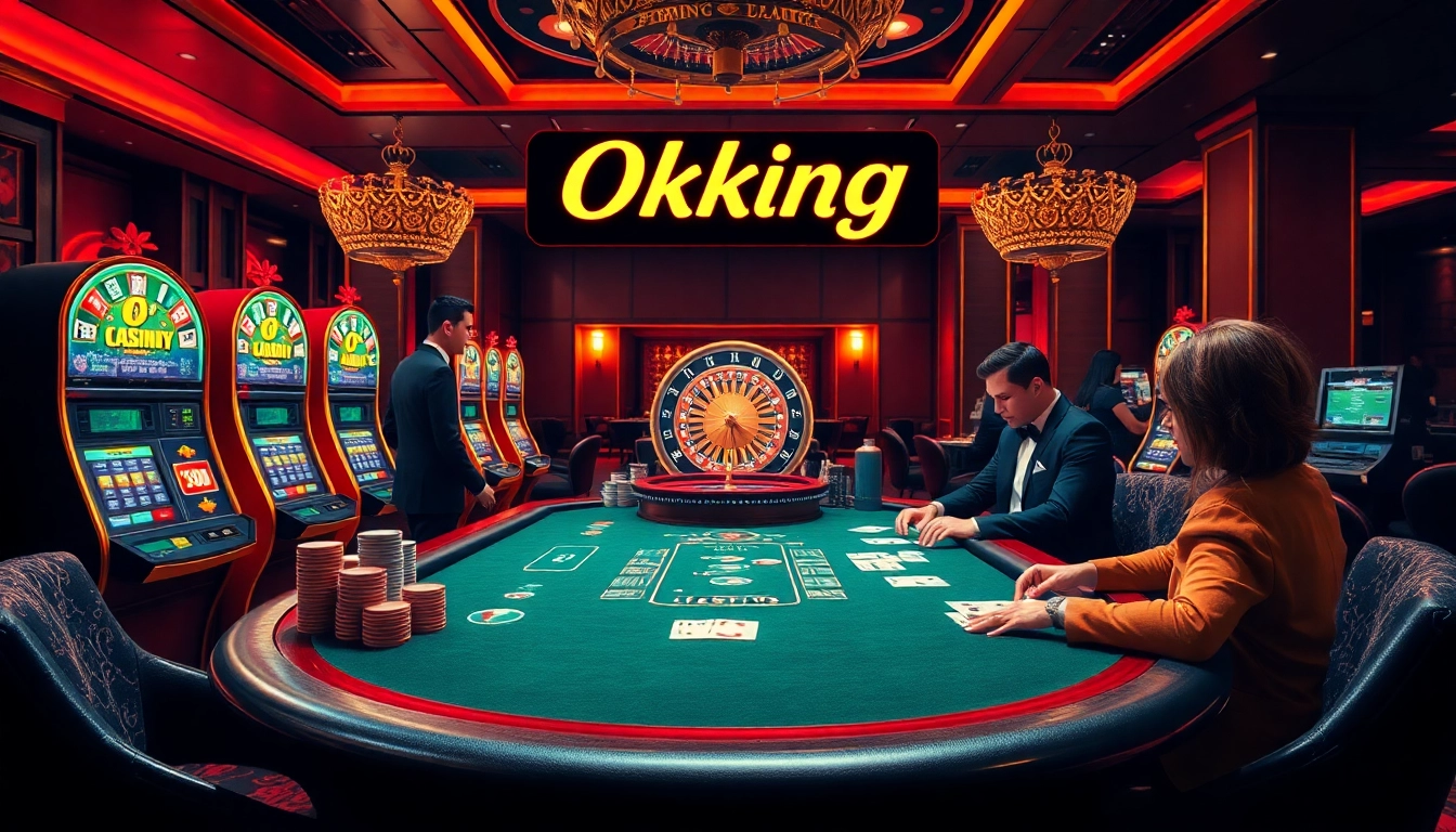 Engage in thrilling games at Okking's luxurious casino environment, featuring poker tables and vibrant slots.