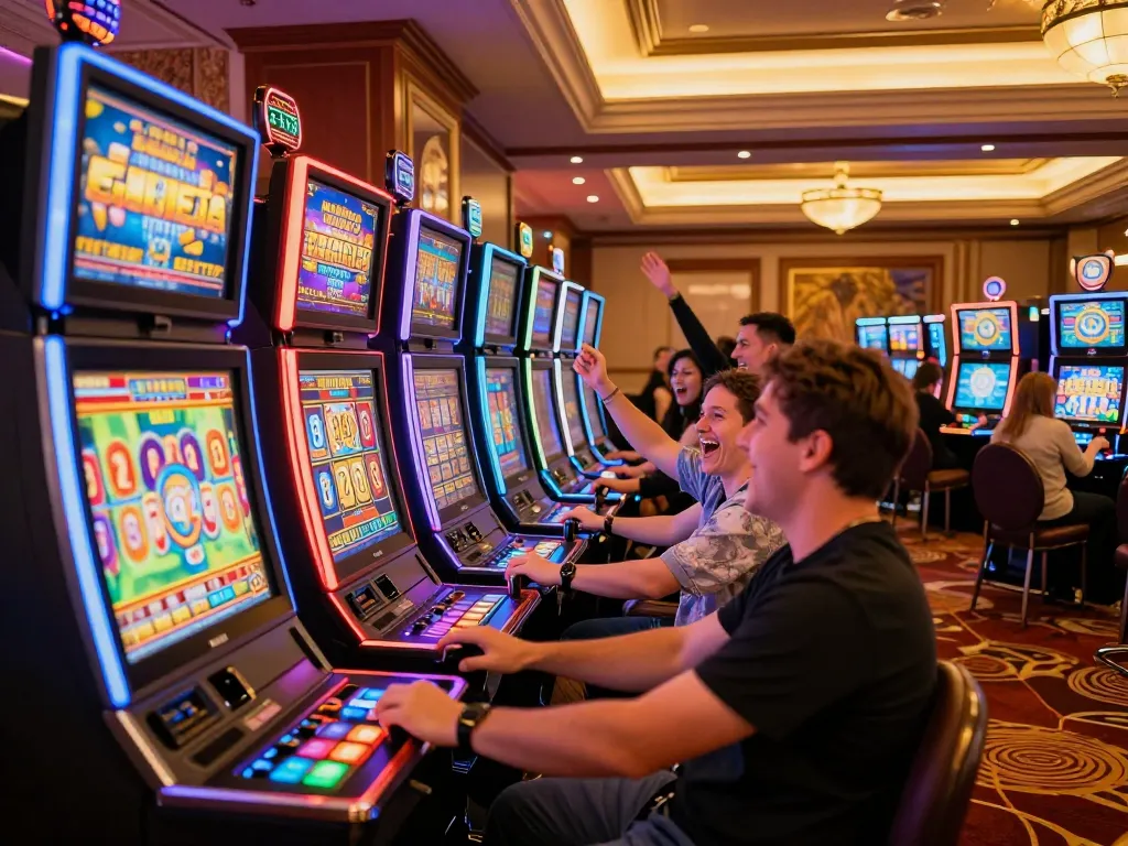 Pemain yang terlibat menikmati kegembiraan mesin slot di https://jikankasi.com/modules/bulletin/ casino, suasana yang vibrant tertangkap dalam aksi.