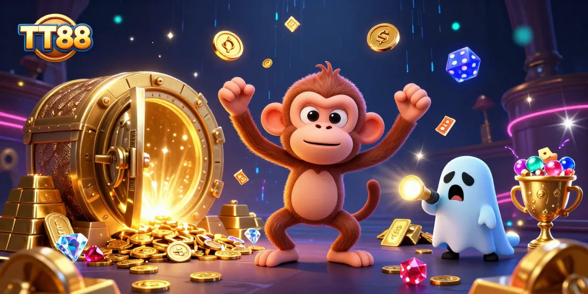 TT88 casino fun featuring an invisible mischievous monkey juggling gold coins in a haunted atmosphere