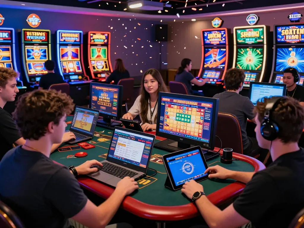 Exciting Luckywin online gaming scene with players enjoying various casino games and sports betting