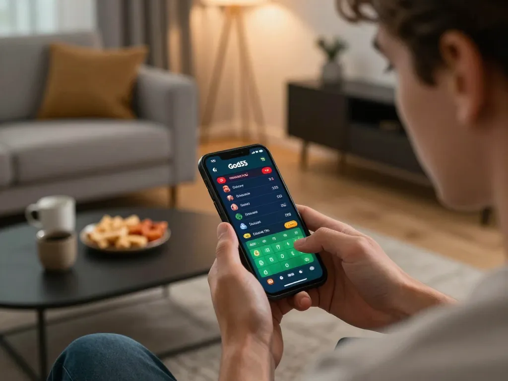 Engaged player using God55 app for live sports betting from cozy home environment