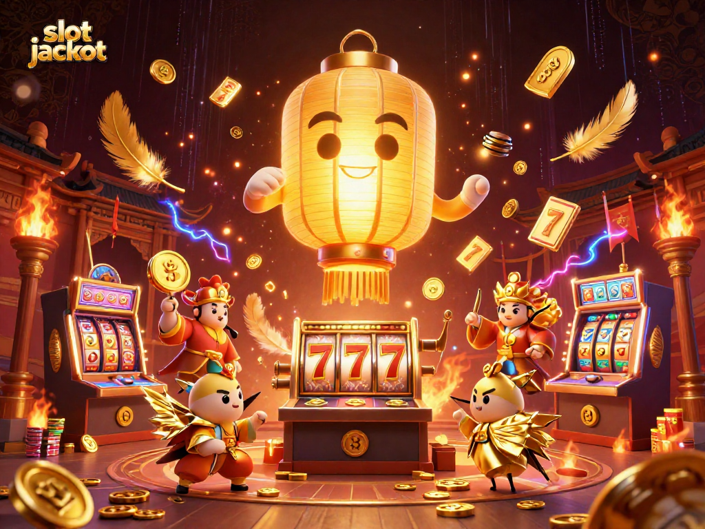 Experience the excitement of slot jackpots with a vibrant casino illustration featuring golden lanterns, warriors, and dynamic game elements.