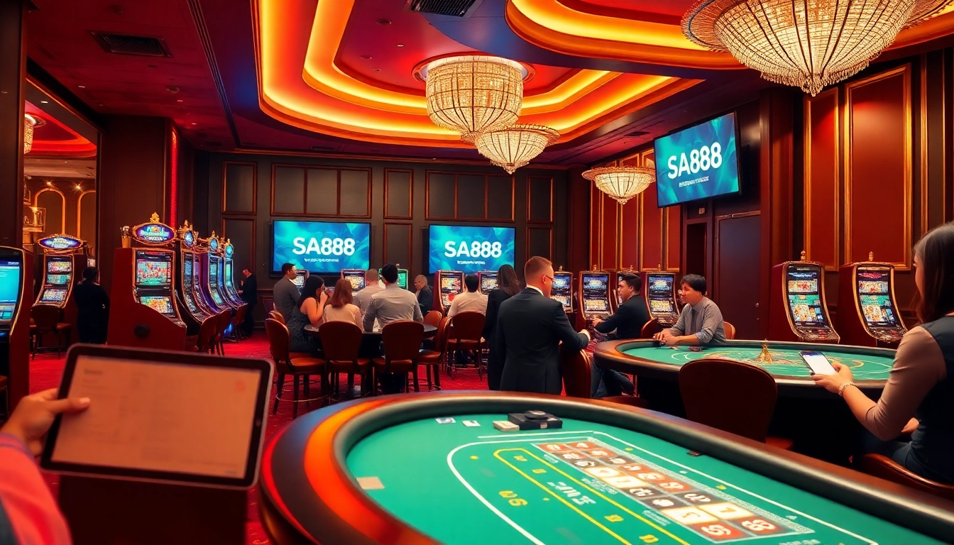 Excited players enjoy games at SA88 casino, showcasing luxurious tables and vibrant slot machines.