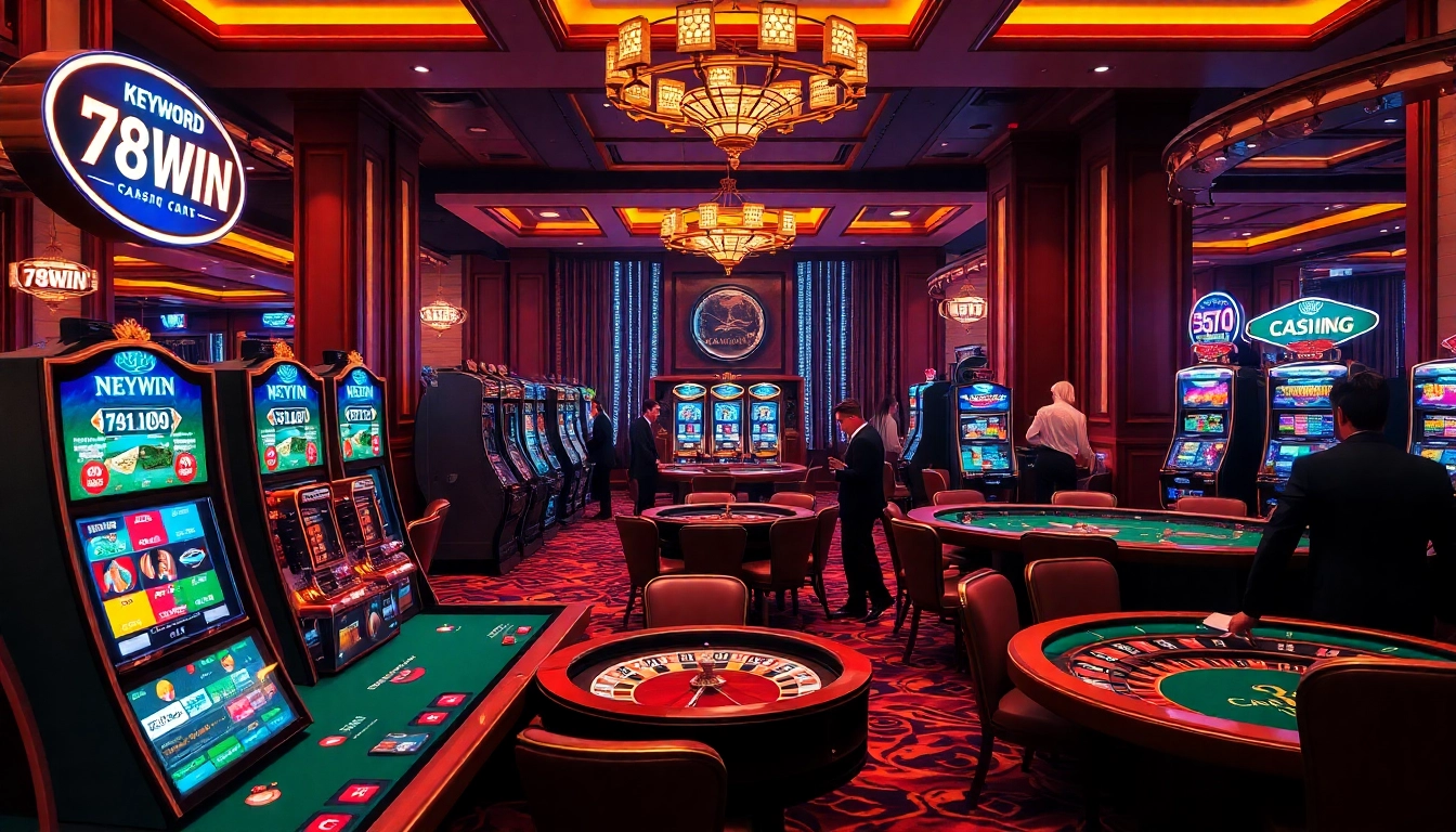 Players enjoying thrilling games at 78WIN Casino, featuring colorful slots and lively poker tables.