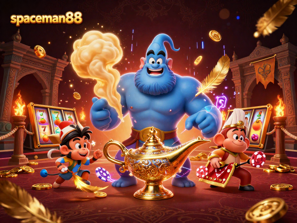 Spin the reels at spaceman88 in this lively scene featuring genies, monkeys, and poker chips.