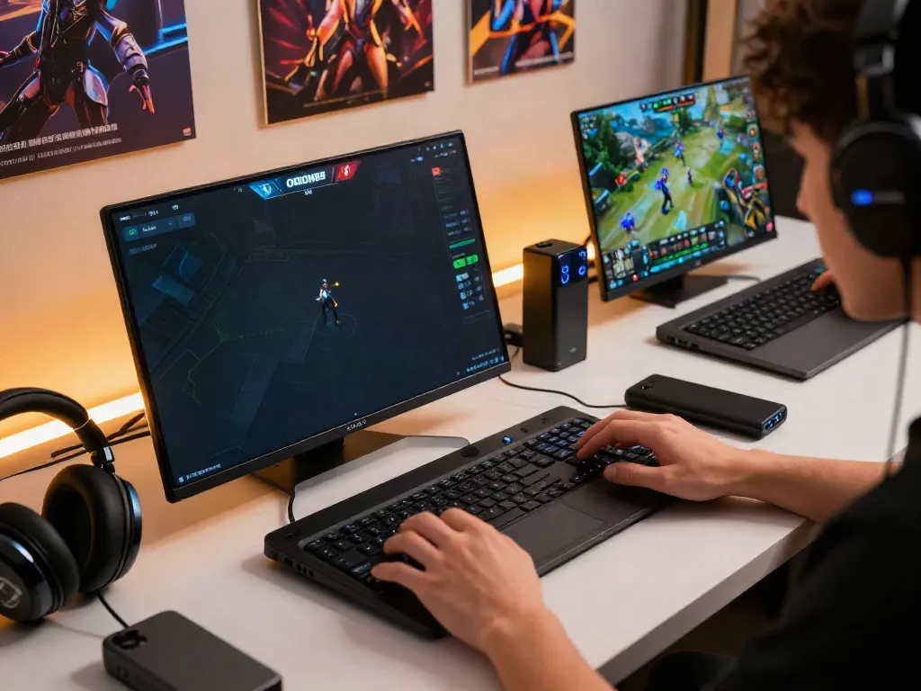 Player immersed in ORION88 mobile game on a sleek gaming setup.
