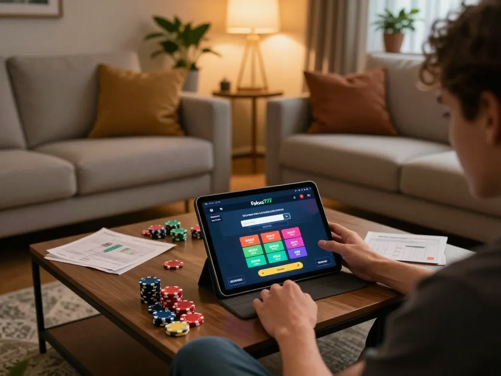 Engaging in online gaming on Fokus777 login with a cozy setup showcasing cards and chips in a relaxed home environment.