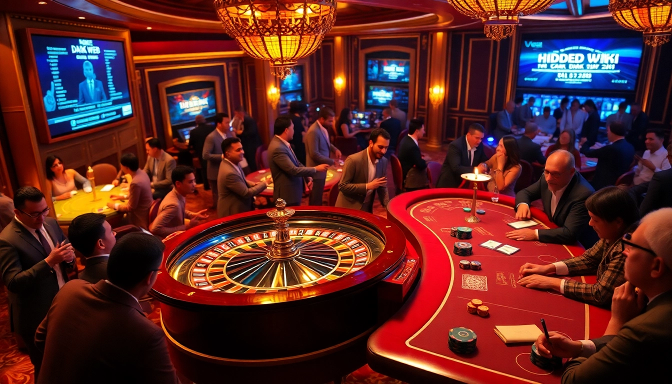 Gamblers placing bets on a roulette wheel in a luxurious casino, linked to hidden wiki dark web.