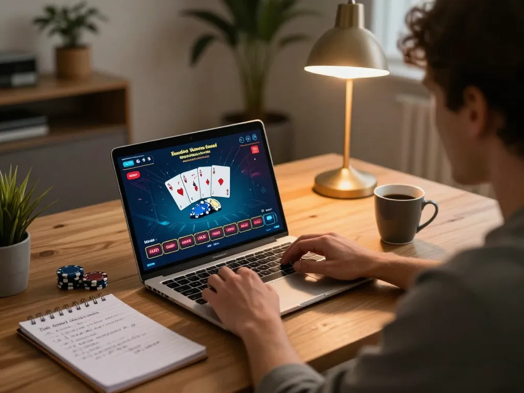 Soi kèo nhà cái in a dynamic online poker setting, user analyzing strategy on laptop