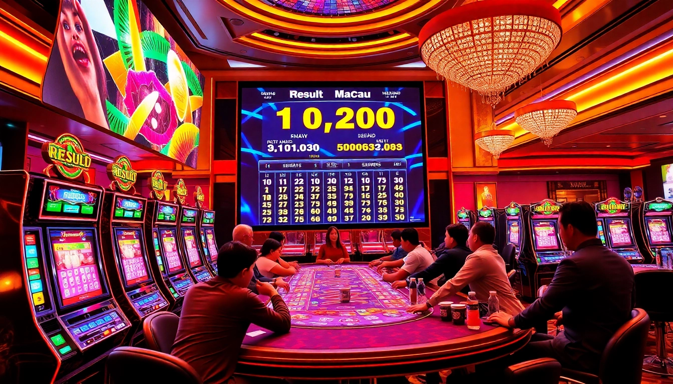 Excited players watching the Result Macau lottery live draw at a luxurious casino.