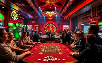 Exciting casino scene featuring "tg88 win" theme with poker play, slot machines, and roulette for gamblers.