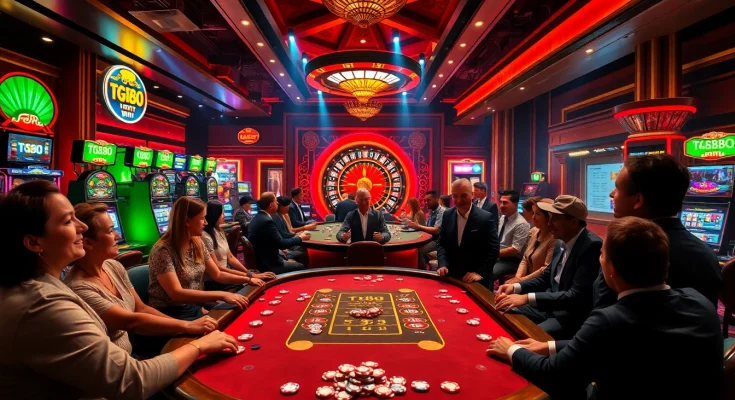 Exciting casino scene featuring "tg88 win" theme with poker play, slot machines, and roulette for gamblers.