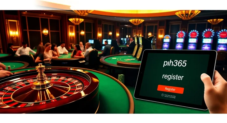Excited gamblers registering at ph365 while enjoying vibrant casino atmosphere.