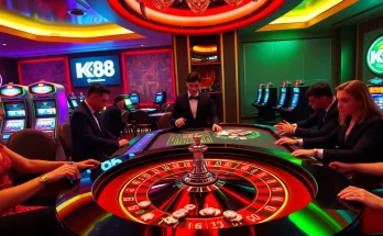 Play at K88's premier casino featuring a lively roulette table surrounded by eager gamblers.