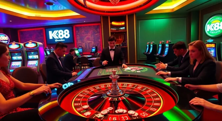 Play at K88's premier casino featuring a lively roulette table surrounded by eager gamblers.