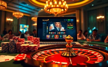 Engage in Đăng ký Bomwin amidst vibrant casino excitement with poker chips and casino elements.