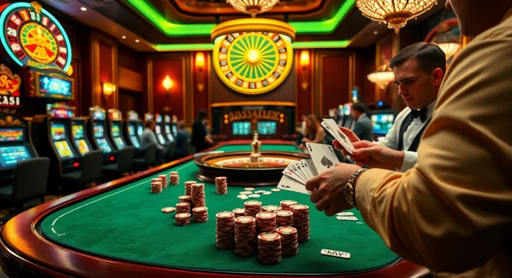 Playing at Rikvip’s luxurious casino table with vibrant poker chips and a roulette wheel.